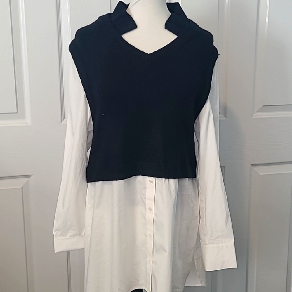 NWT Large.layered look vest and tunic button down. Black and white